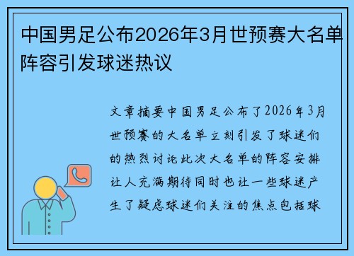 中国男足公布2026年3月世预赛大名单阵容引发球迷热议